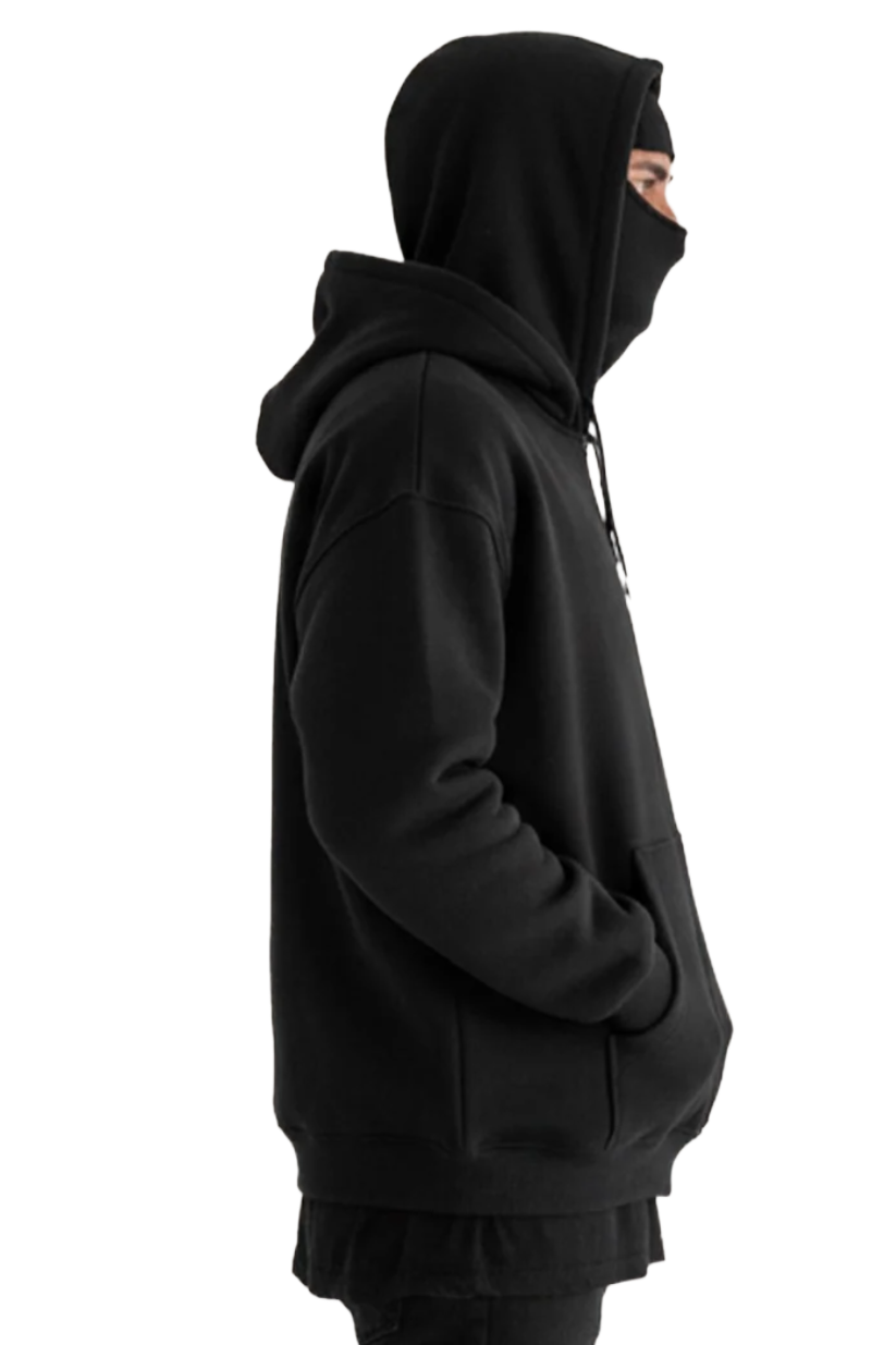 Black Hoodie with Integrated Mask – Simple and Stylish