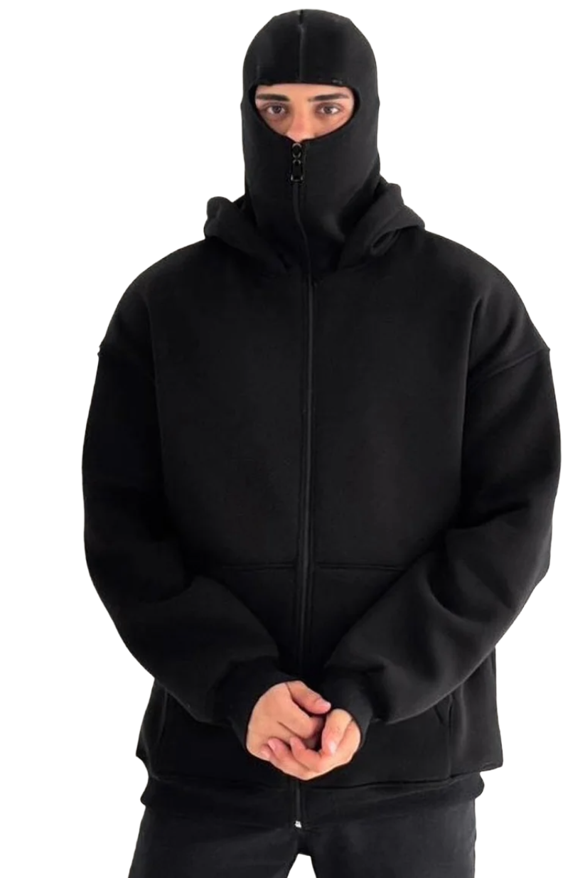 Black Hoodie with Integrated Mask – Simple and Stylish