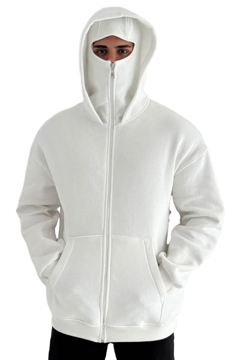 Tech Fleece Hoodie in White – Light Warmth with Mask Detail