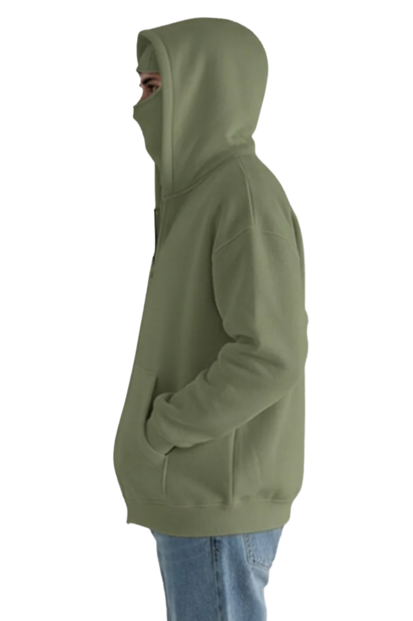 Tech Fleece Olive Hoodie – Lightweight Warmth with Mask Feature
