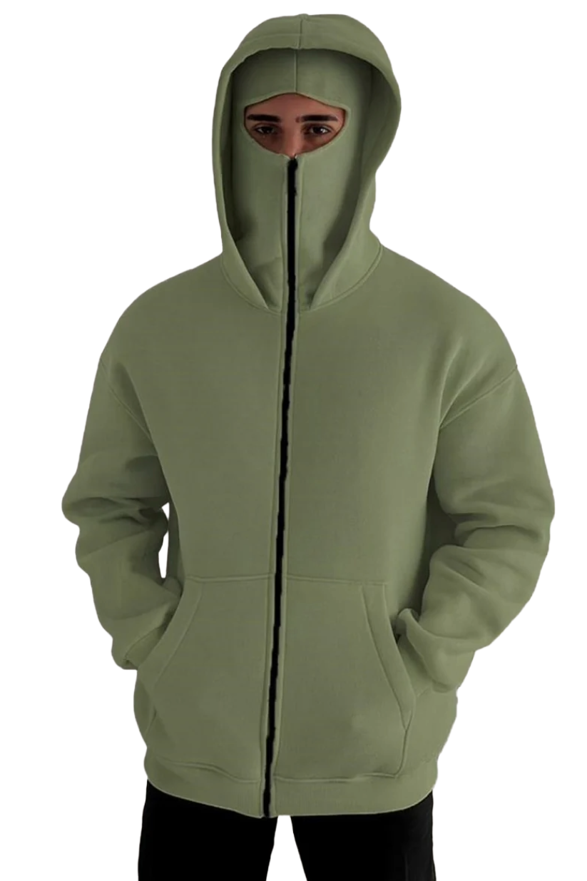 Tech Fleece Olive Hoodie – Lightweight Warmth with Mask Feature